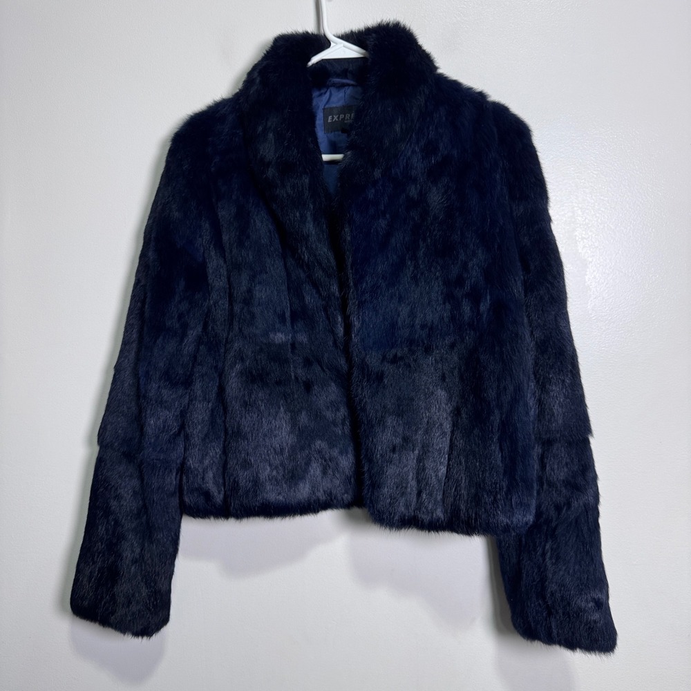 Express Rabbit Fur Jacket Womens L Navy Blue Solid‎ Luxury Real Fur Coat